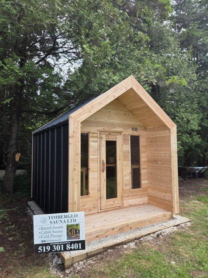 Modern Cabin Sauna with Steel Roof and Siding with 2 Front Windows