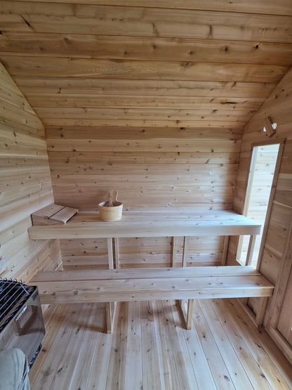 Modern Cabin Sauna with Steel Roof and Siding with 2 Front Windows
