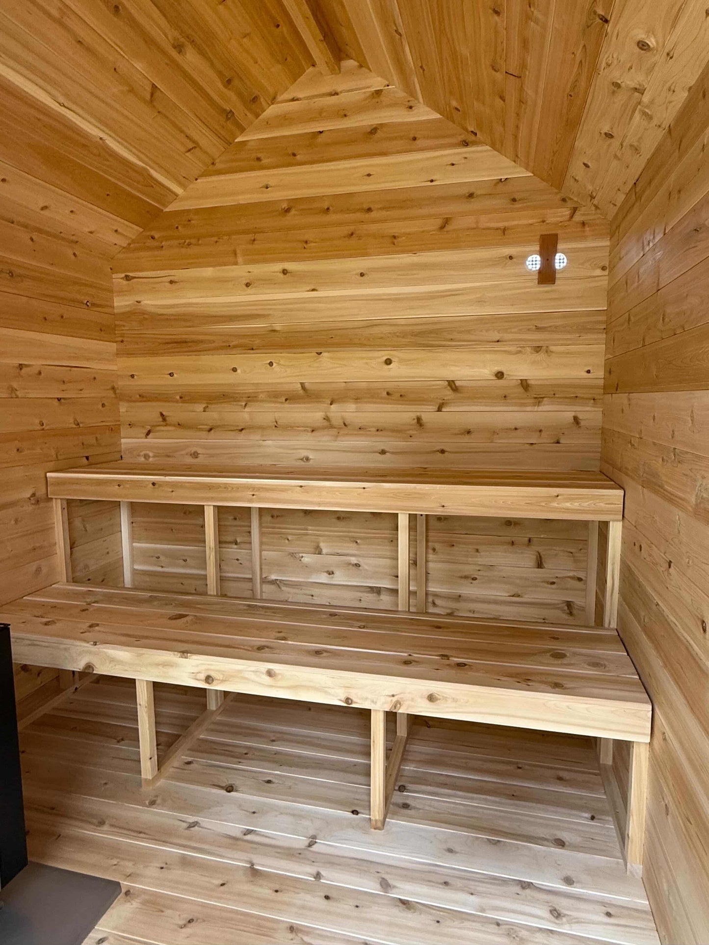 Modern Cabin Sauna with Steel Roof and Siding with 2 Front Windows