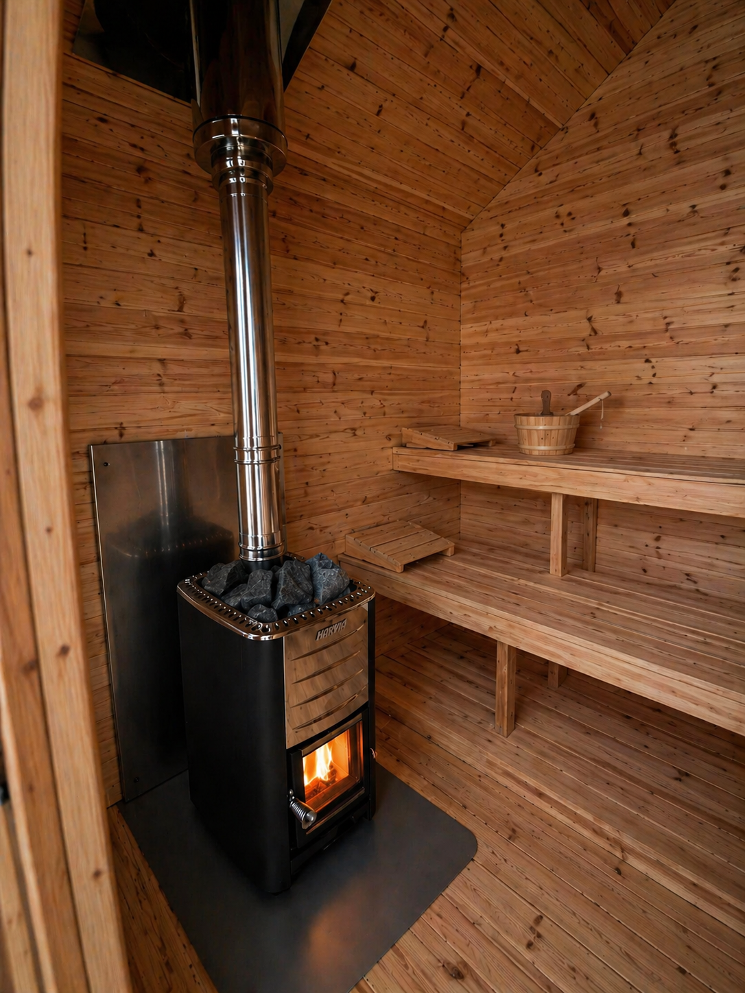 Modern Cabin Sauna Steel Roof and Siding with Large Front Window