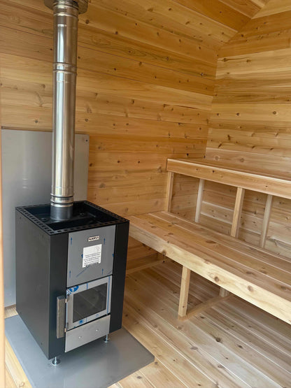 Modern Cabin Sauna with Steel Roof and Siding with 2 Front Windows