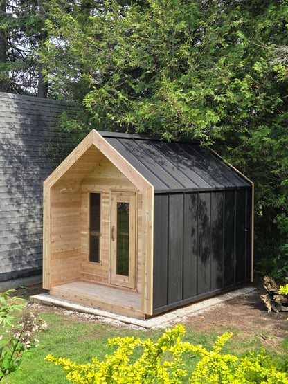 Modern Cabin Sauna with Steel Roof and Siding with 2 Front Windows