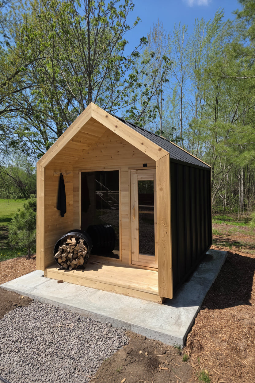Modern Cabin Sauna Steel Roof and Siding with Large Front Window