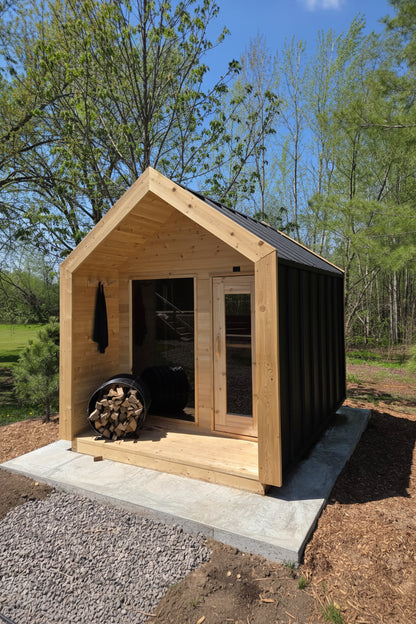 Modern Cabin Sauna Steel Roof and Siding with Large Front Window