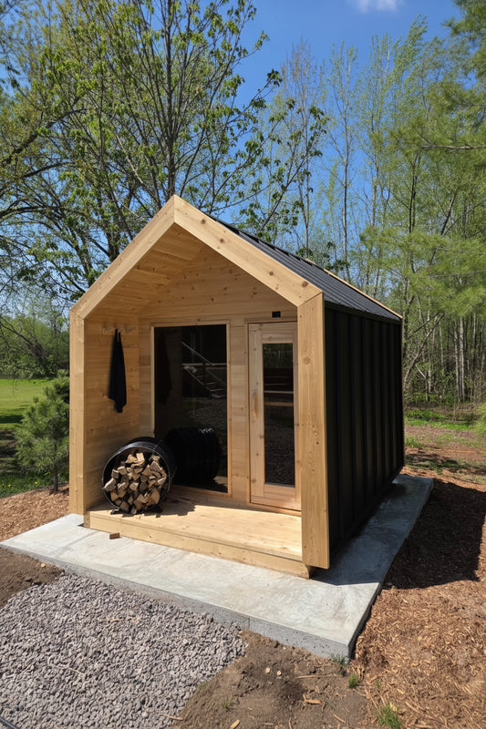 Modern Cabin Sauna Steel Roof and Siding with Large Front Window