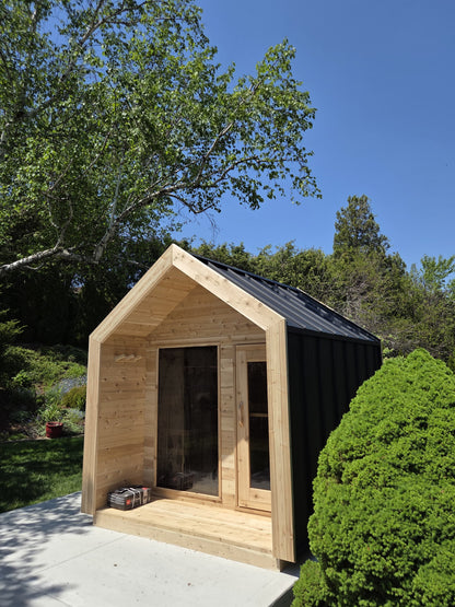 Modern Cabin Sauna Steel Roof and Siding with Large Front Window