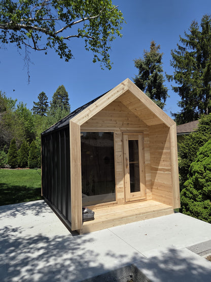 Modern Cabin Sauna Steel Roof and Siding with Large Front Window