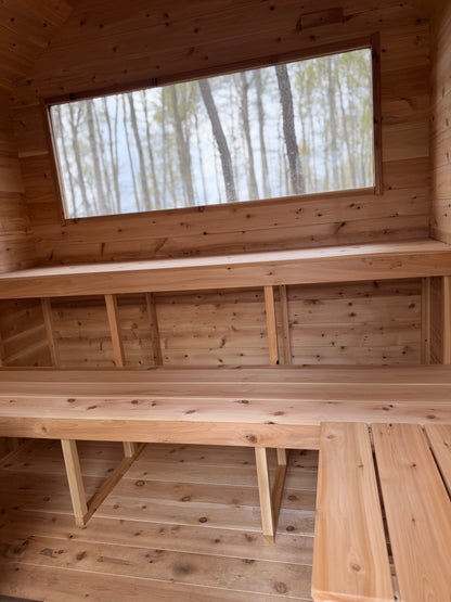 Modern Cabin Sauna with Steel Roof and Siding with 2 Front Windows