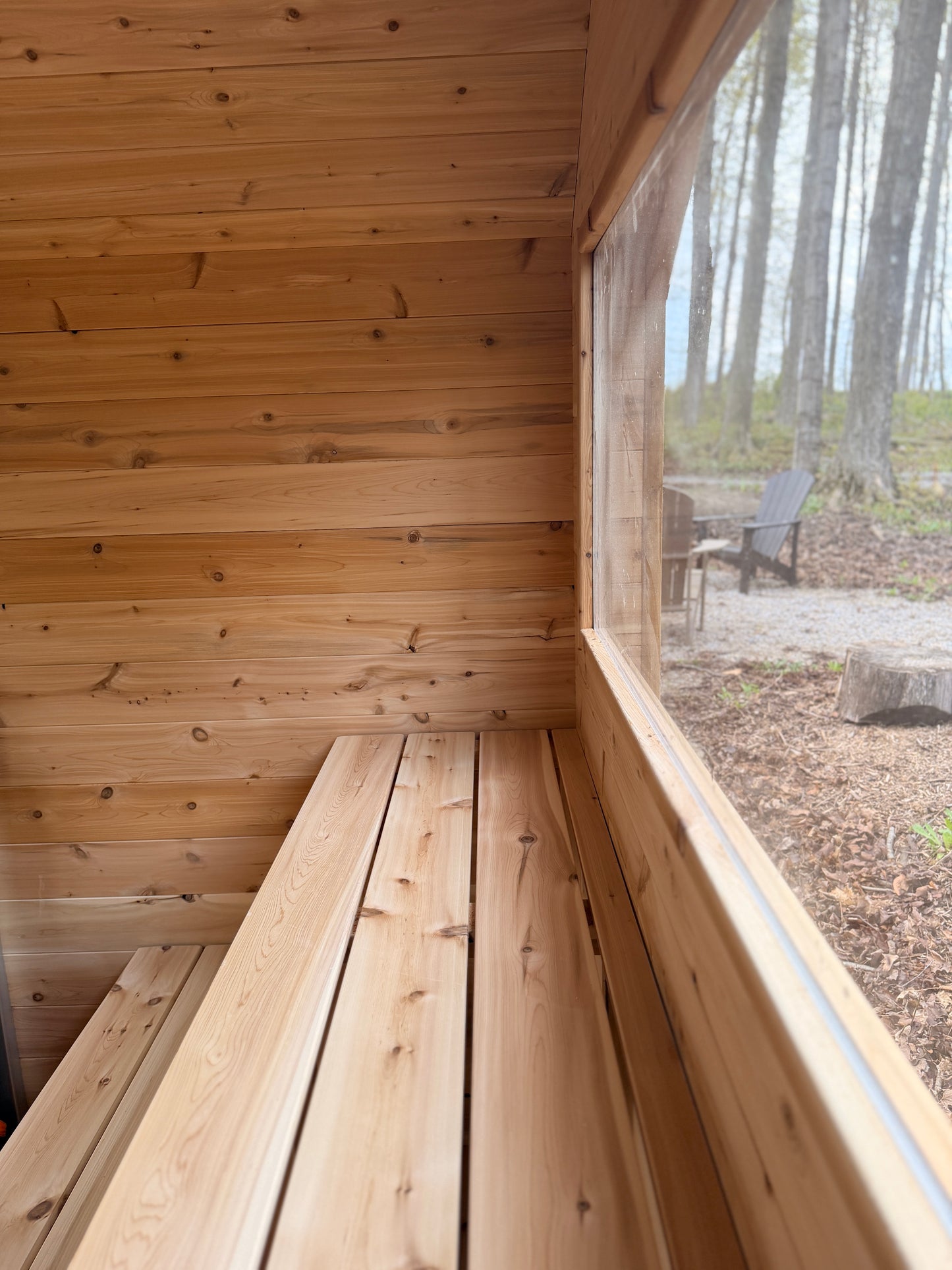 Modern Cabin Sauna with Steel Roof and Siding with 2 Front Windows