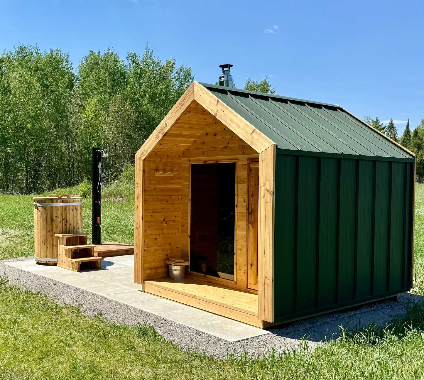 Modern Cabin Sauna Steel Roof and Siding with Large Front Window
